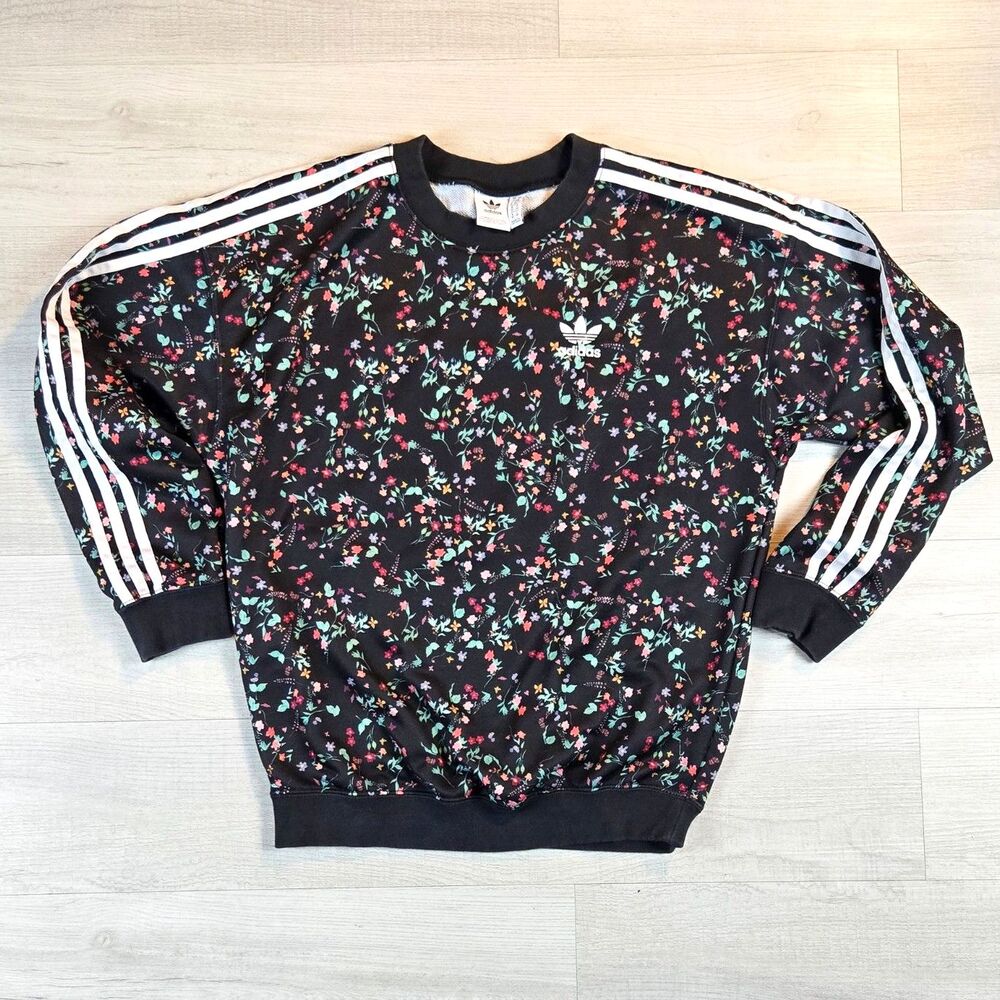 Adidas Originals Womens XS Floral Sweatshirt Black Trefoil 3-Stripes Crewneck